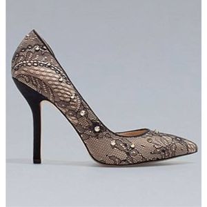 Embellished Lace Pointed-Toe Stiletto Pump in Nude/Black.